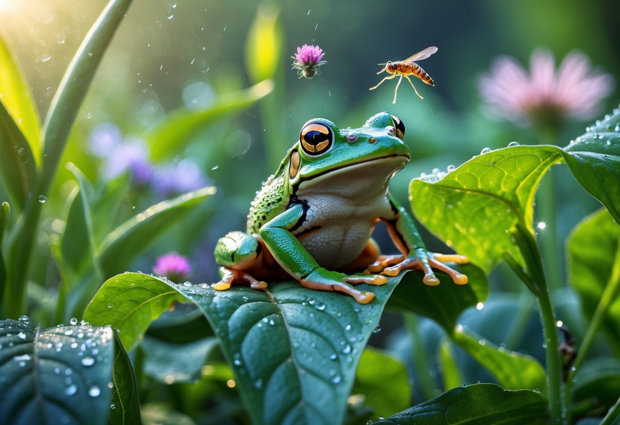 A green frog in a garden eating a small insect on a leafy plant surrounded by flowers and plants.