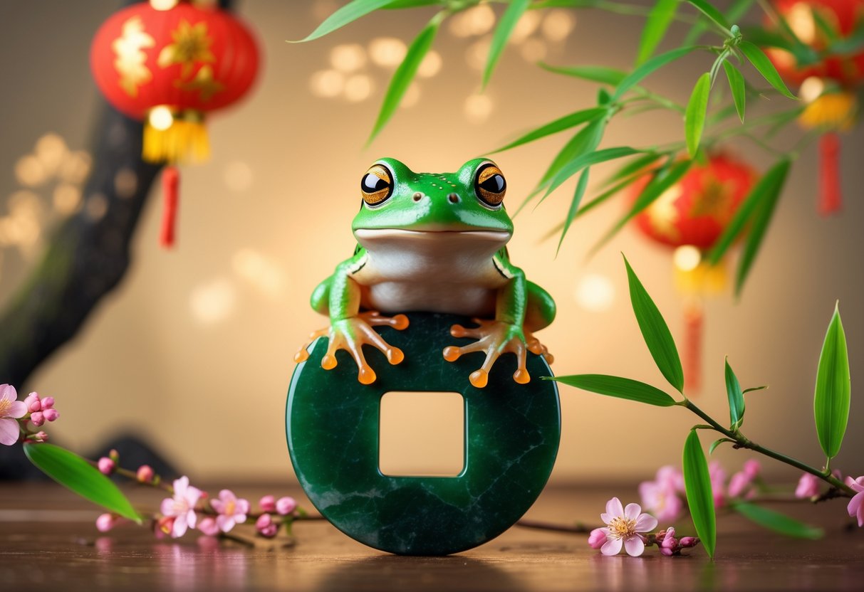 A green frog sitting on a jade stone shaped like a Chinese coin, surrounded by bamboo leaves and blossoms.
