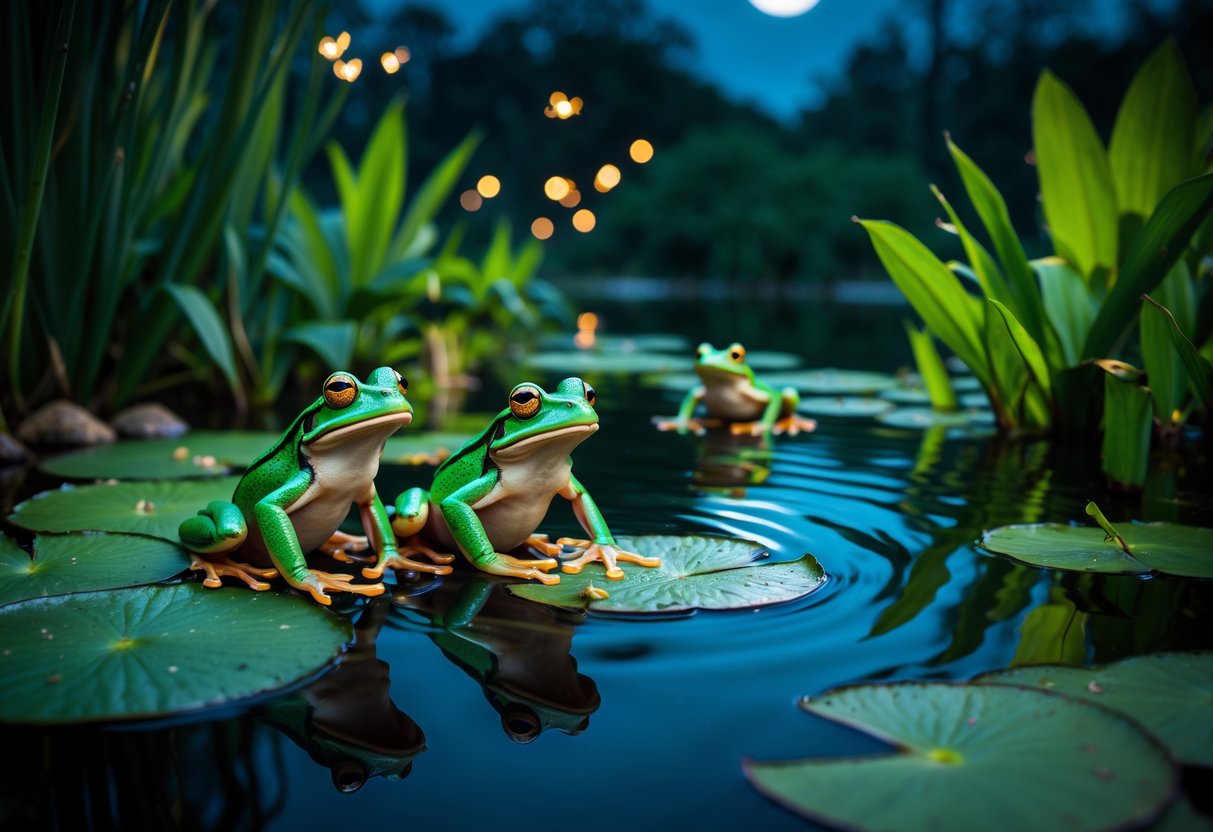 Several frogs sitting on lily pads by a pond at night with their mouths open as if singing.