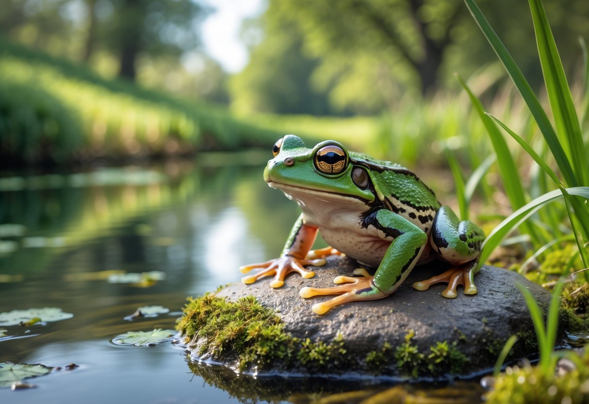 A common frog sitting on a mossy rock near a pond in a green countryside setting.