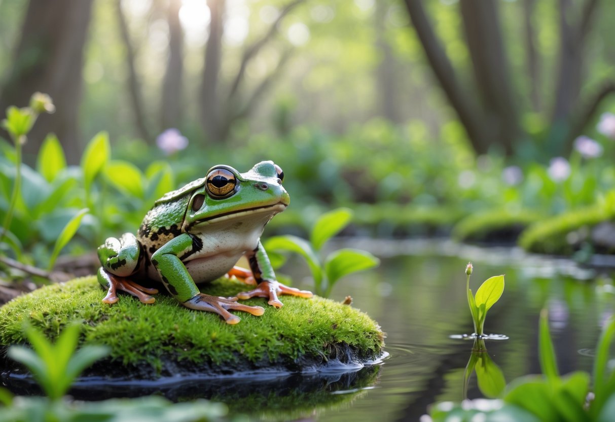 A common frog sitting on a mossy rock next to a pond in a green woodland area.