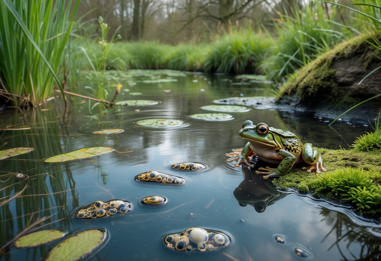 A British pond showing frog eggs, tadpoles in the water, a young frog near the edge, and an adult frog on a mossy rock surrounded by green plants and trees.