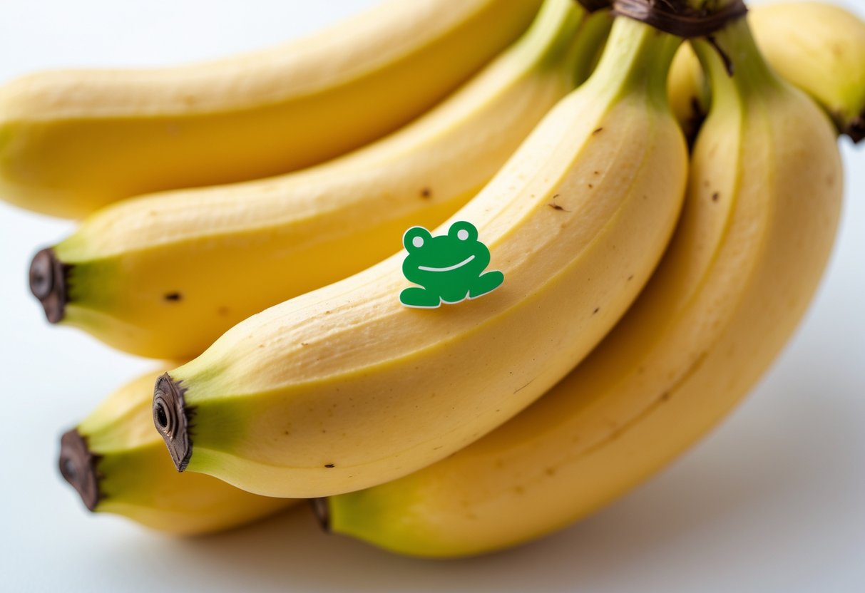 A bunch of ripe yellow bananas with a small green frog-shaped sticker on one banana.