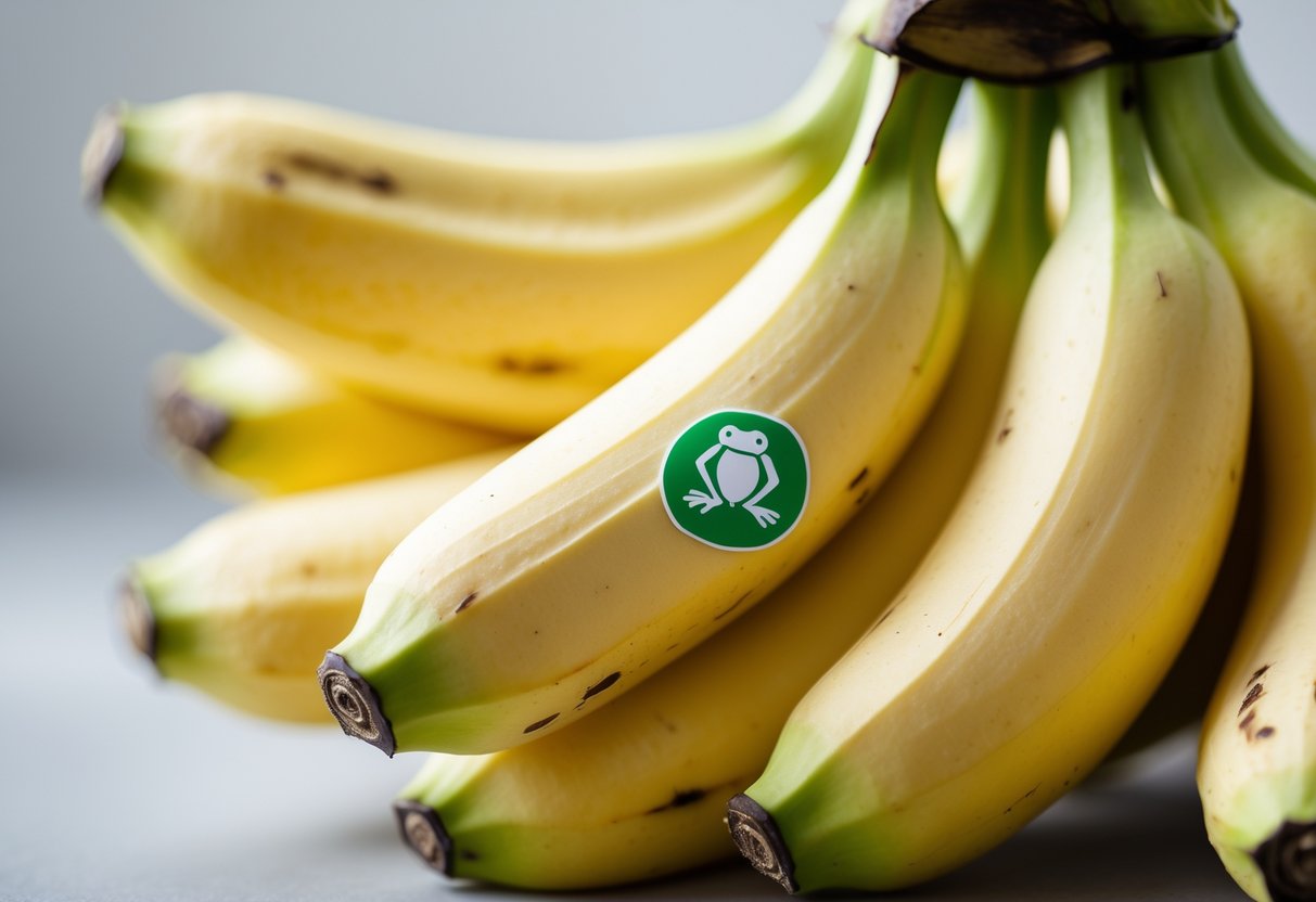 A bunch of ripe bananas with a small green frog symbol sticker on one banana.