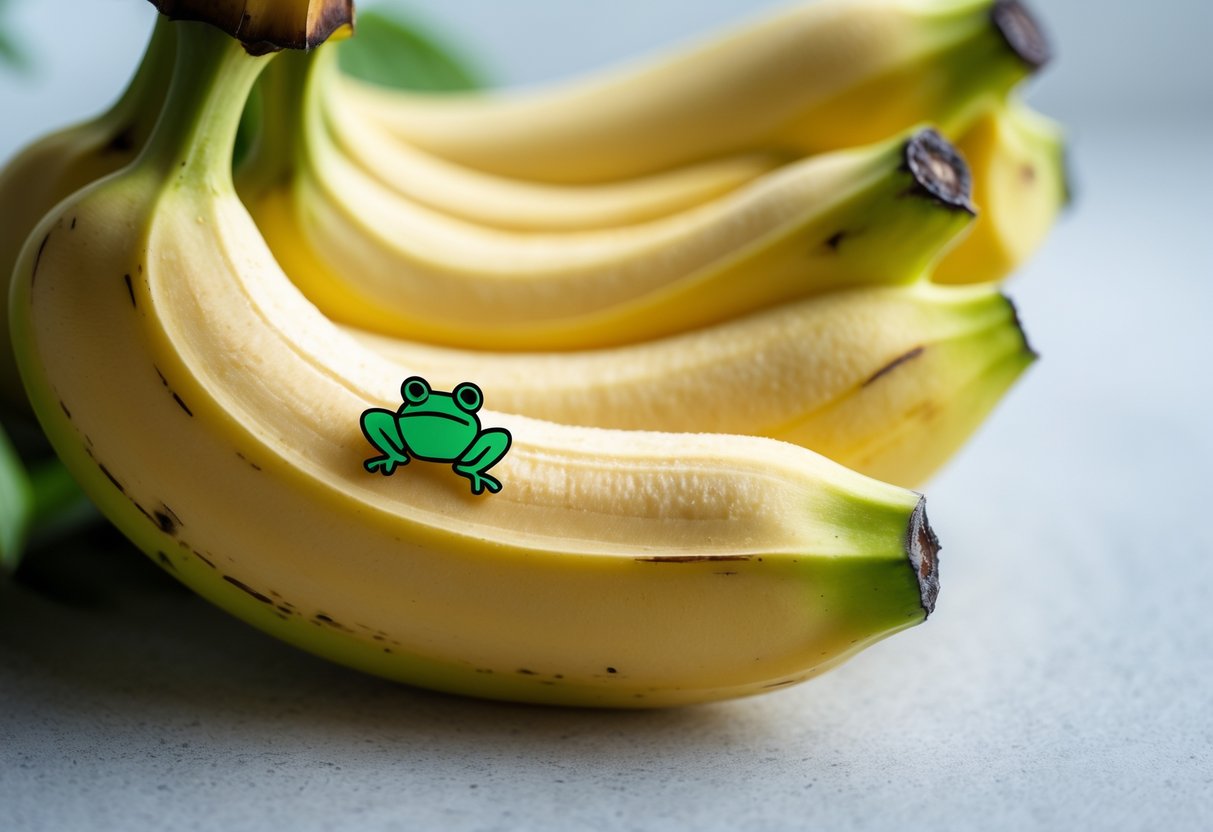 Close-up of a bunch of ripe bananas with a small green frog symbol on one of the banana peels.