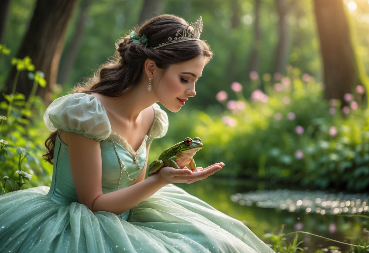 A young woman dressed as a princess gently kissing a green frog in a forest setting.