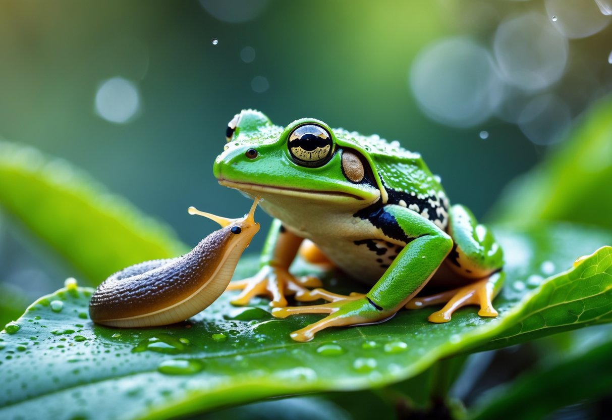 A green frog eating a small slug on a leaf in a garden.