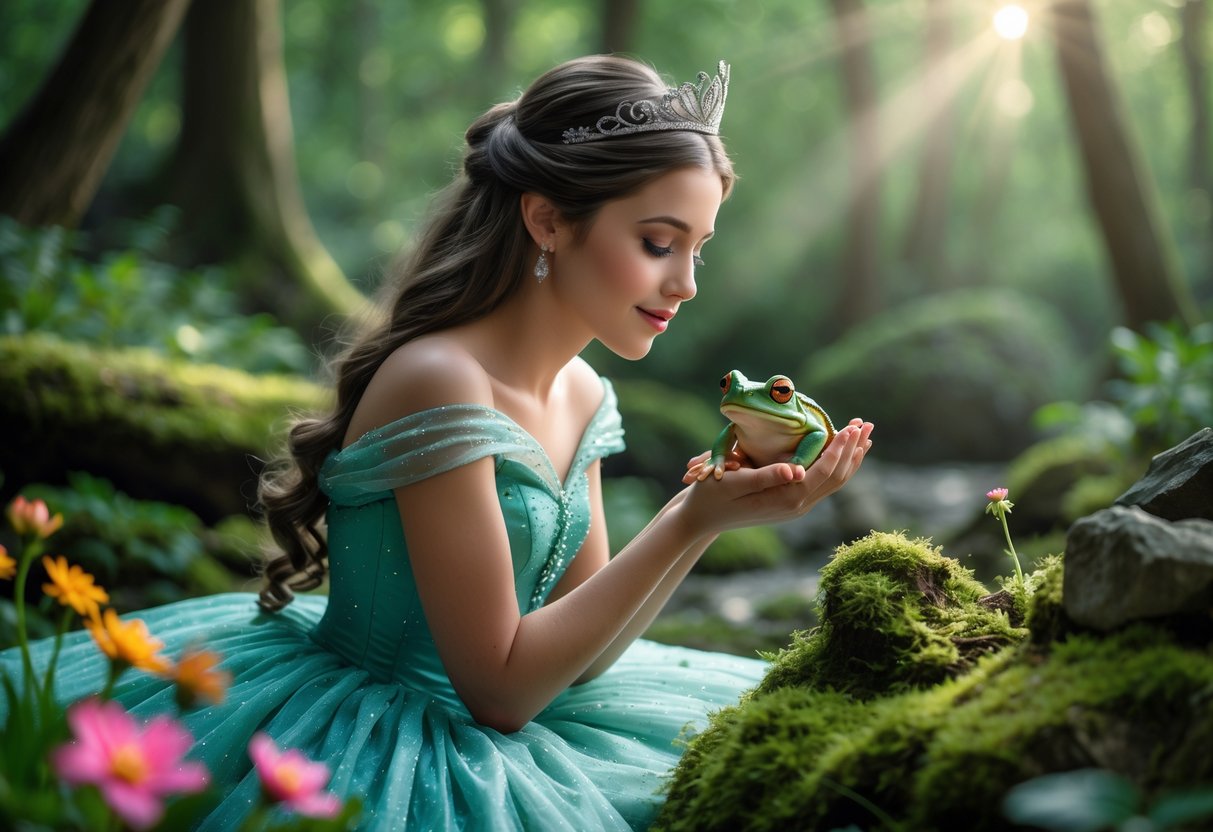 A princess gently kissing a small green frog in a forest setting.