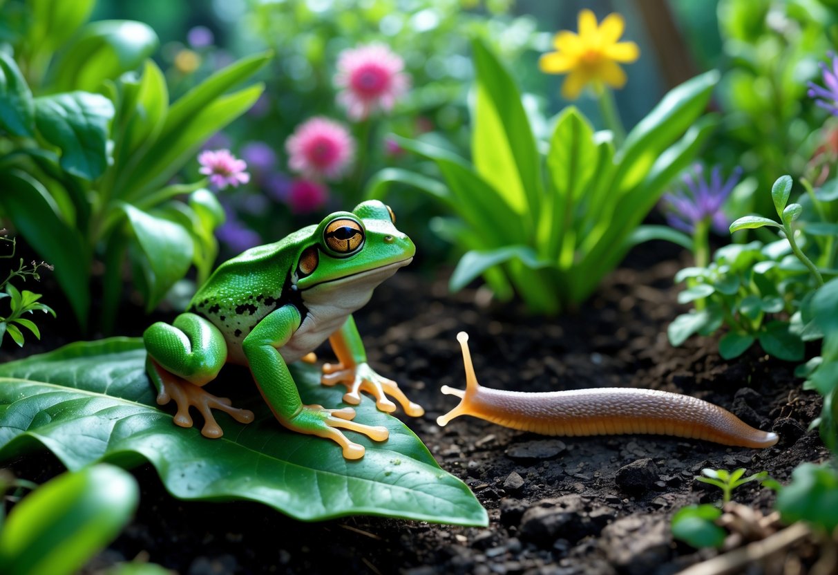A green frog sitting on a leaf in a garden looking at a slug crawling on the soil nearby.