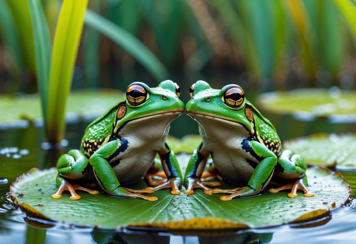 Two green frogs sitting closely together on a lily pad in a calm pond surrounded by aquatic plants.