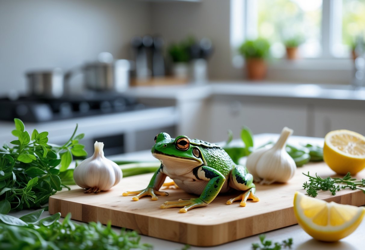 A green frog sitting on a wooden cutting board surrounded by cooking ingredients in a modern kitchen.