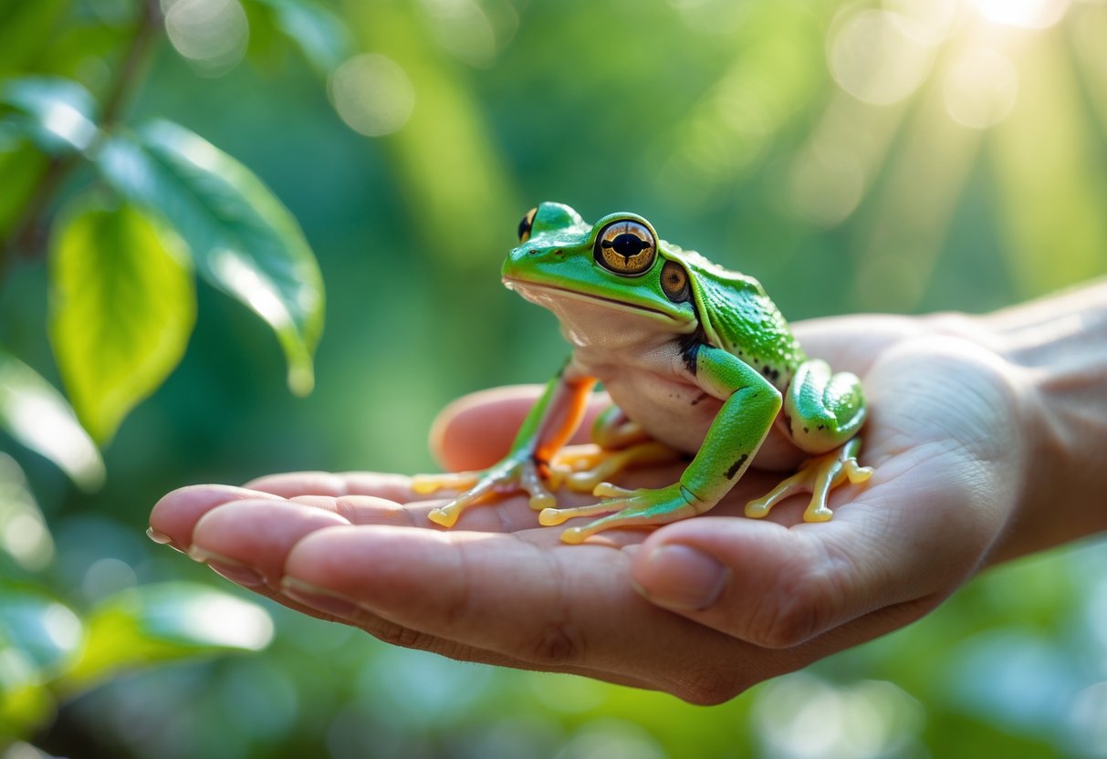 A small green frog sitting on a person's open hand outdoors with greenery in the background.