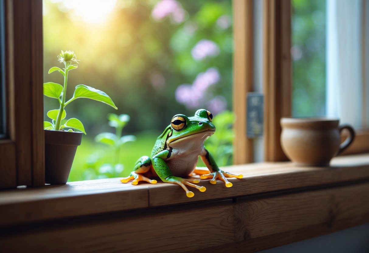 A green frog sitting on a wooden windowsill inside a room with a garden visible outside.