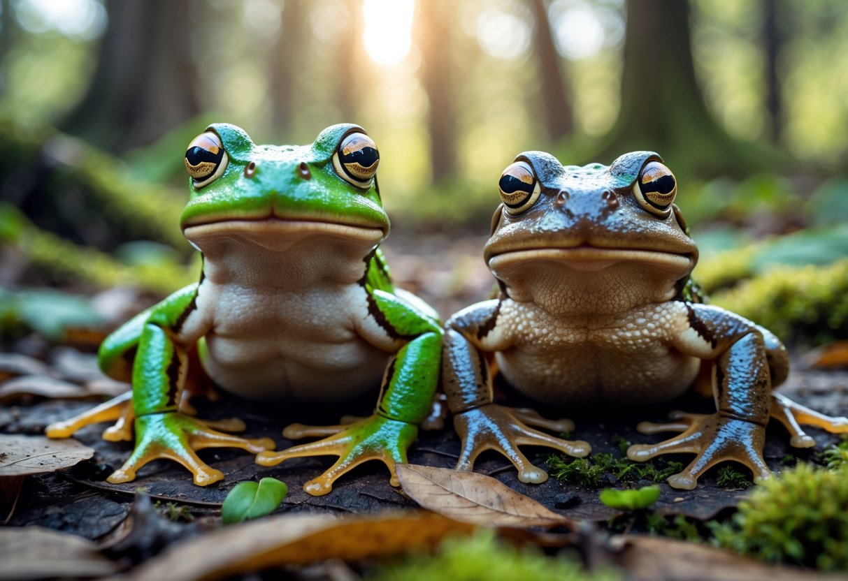 A green frog and a brown toad sitting side by side on a forest floor with leaves and moss.