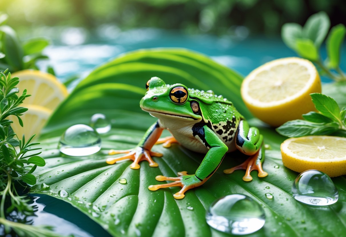 A green frog sitting on a leaf near water with fresh herbs and lemon slices around it.