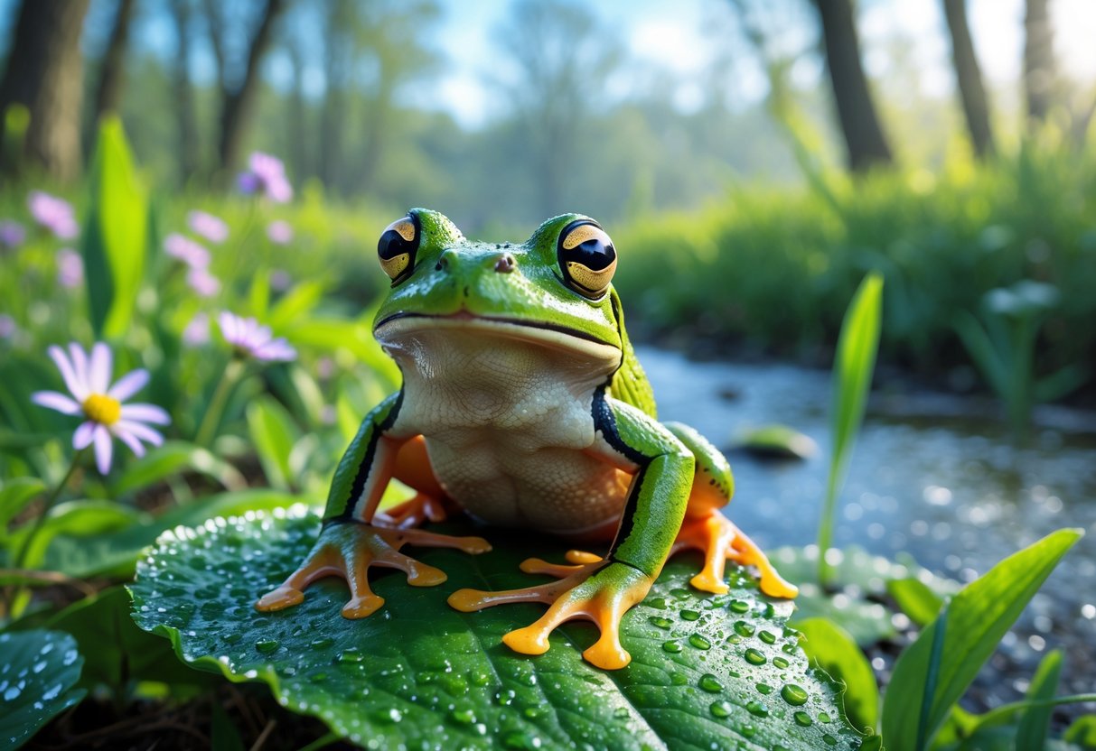 A green frog sitting on a wet leaf in a lush wetland with flowers and a stream in the background during spring.