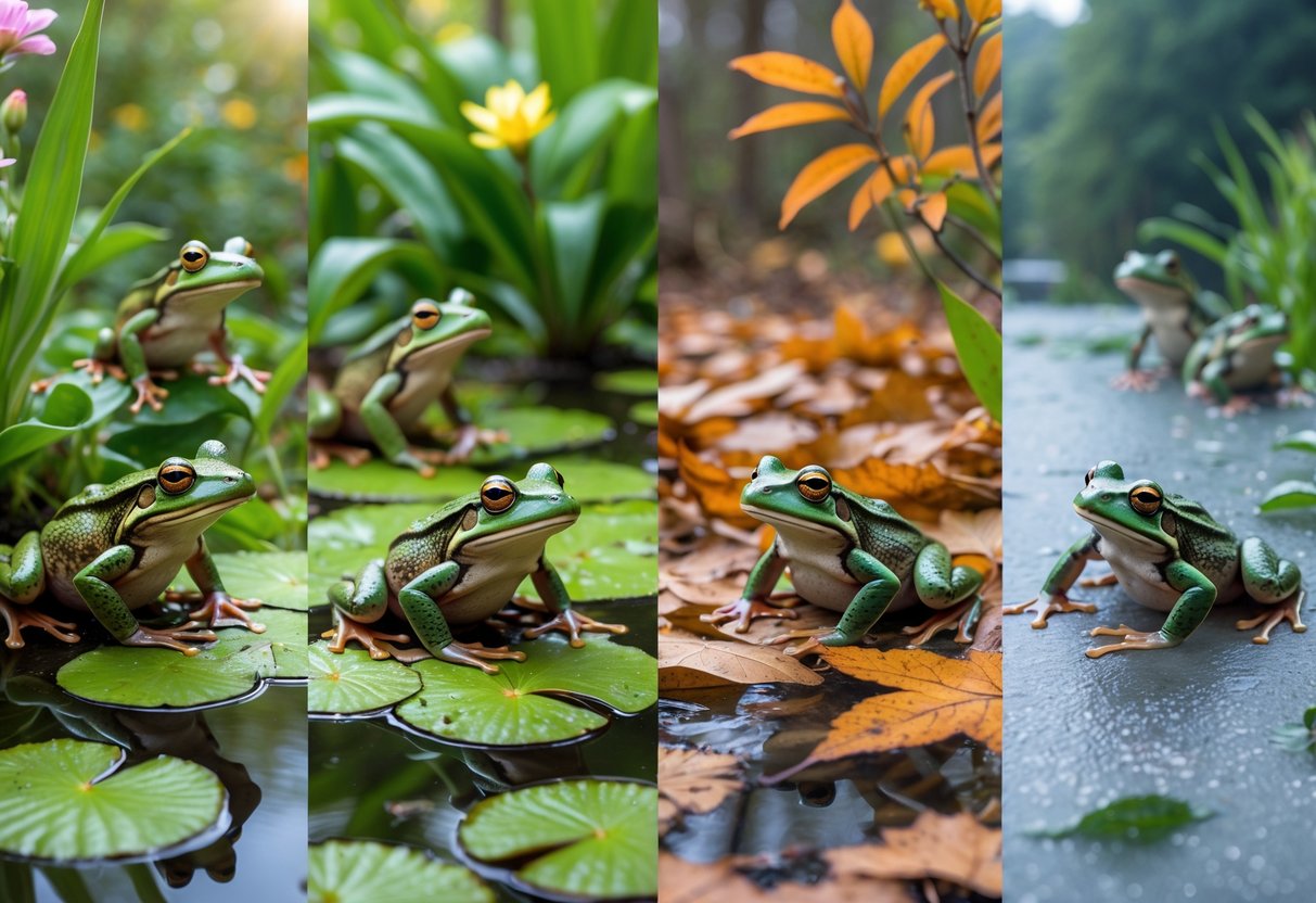 Four-panel image showing frogs active in spring and summer near water, less active in autumn among fallen leaves, and dormant in winter under ice and snow.