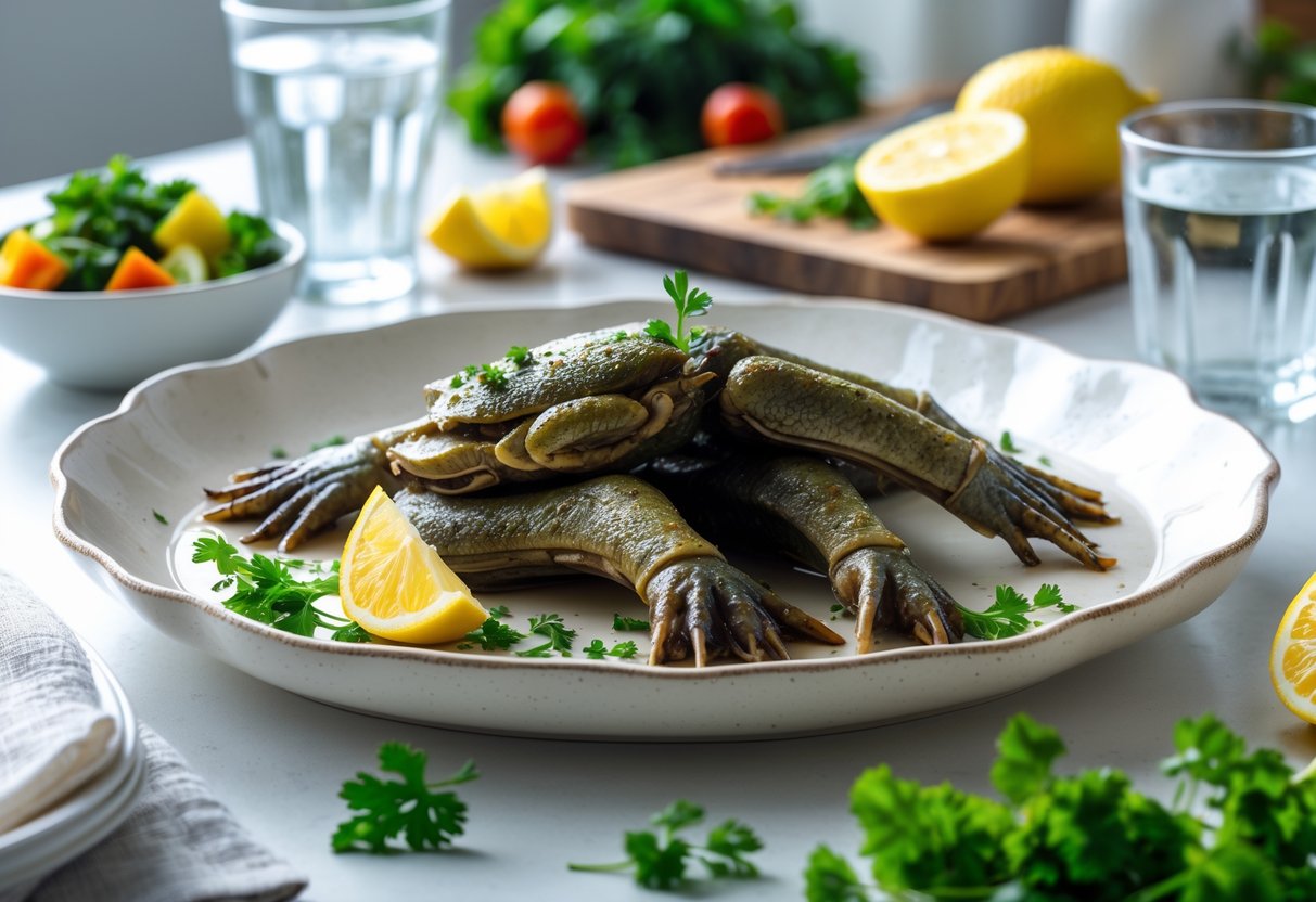 A plate of cooked frog legs garnished with herbs and lemon wedges on a dining table with fresh vegetables and a glass of water nearby.