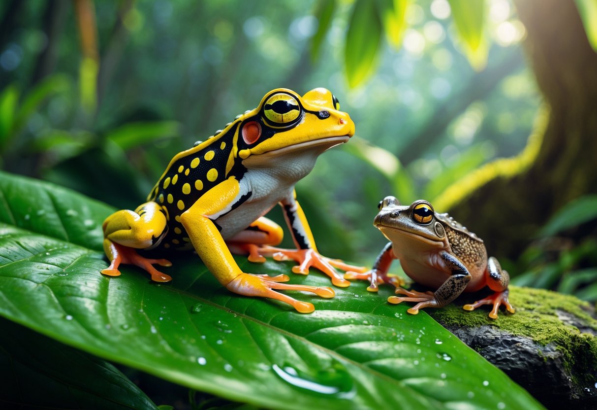 A colorful poison dart frog on a green leaf next to a brown toad on a mossy rock in a rainforest.