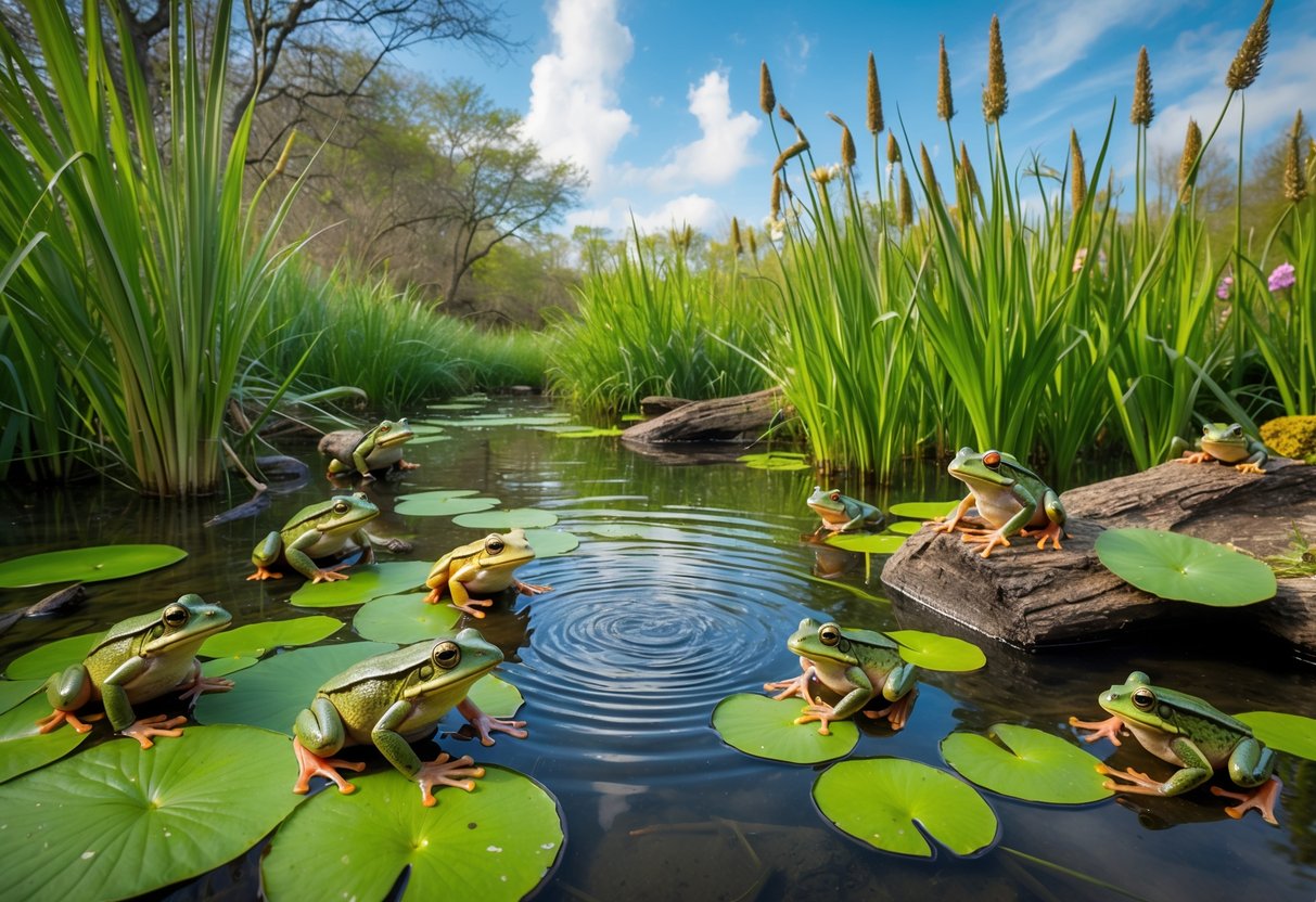 A pond in a green wetland with several frogs on lily pads, rocks, and logs, surrounded by aquatic plants and reeds under a sunny sky.
