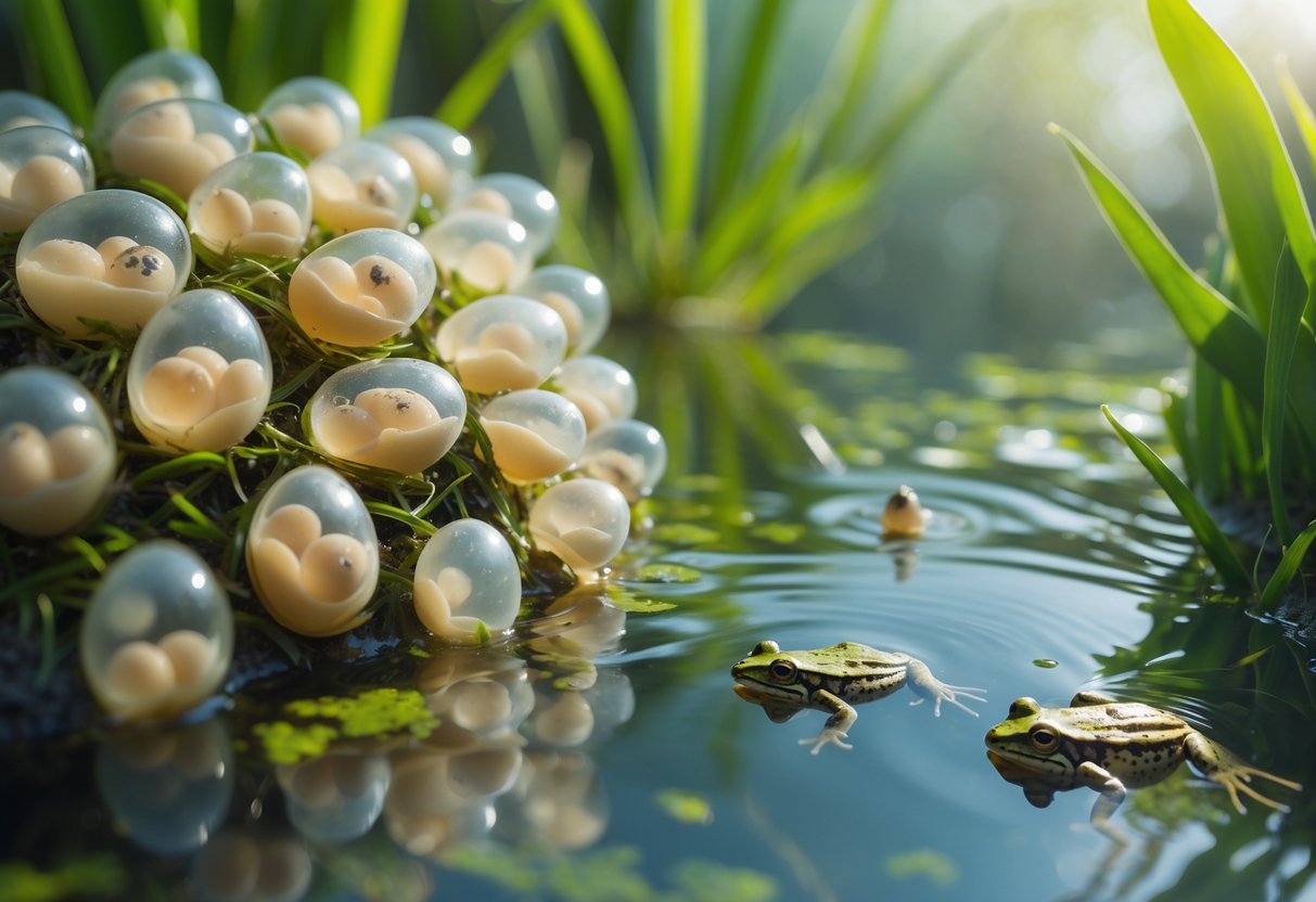 Close-up of frog eggs with developing embryos and tadpoles swimming in a clear freshwater pond among aquatic plants.