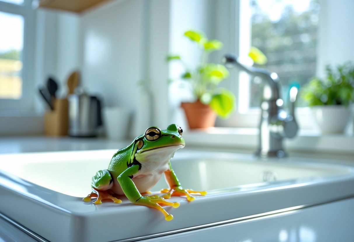 A small green frog sitting on the edge of a white kitchen sink inside a bright, modern kitchen.