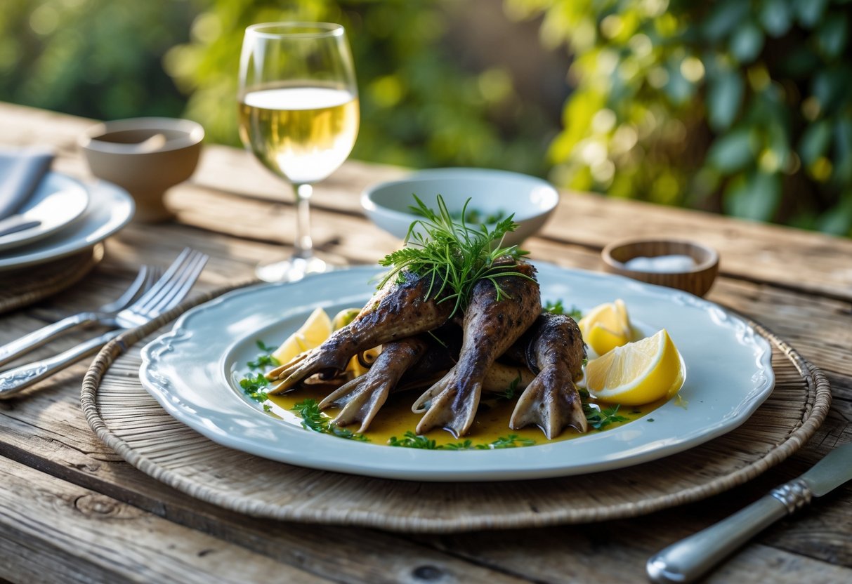 A plate of cooked frog legs garnished with herbs and lemon on a wooden table set outdoors with dining utensils and a glass of white wine.