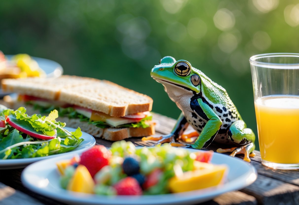 A green frog sitting on the edge of a picnic table looking at human food including a sandwich and fruit.