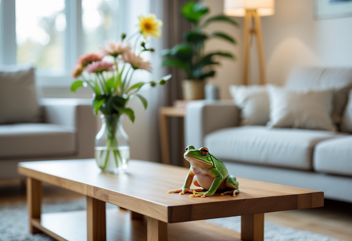 A small green frog sitting on a wooden coffee table in a cozy living room with natural light and modern furniture.