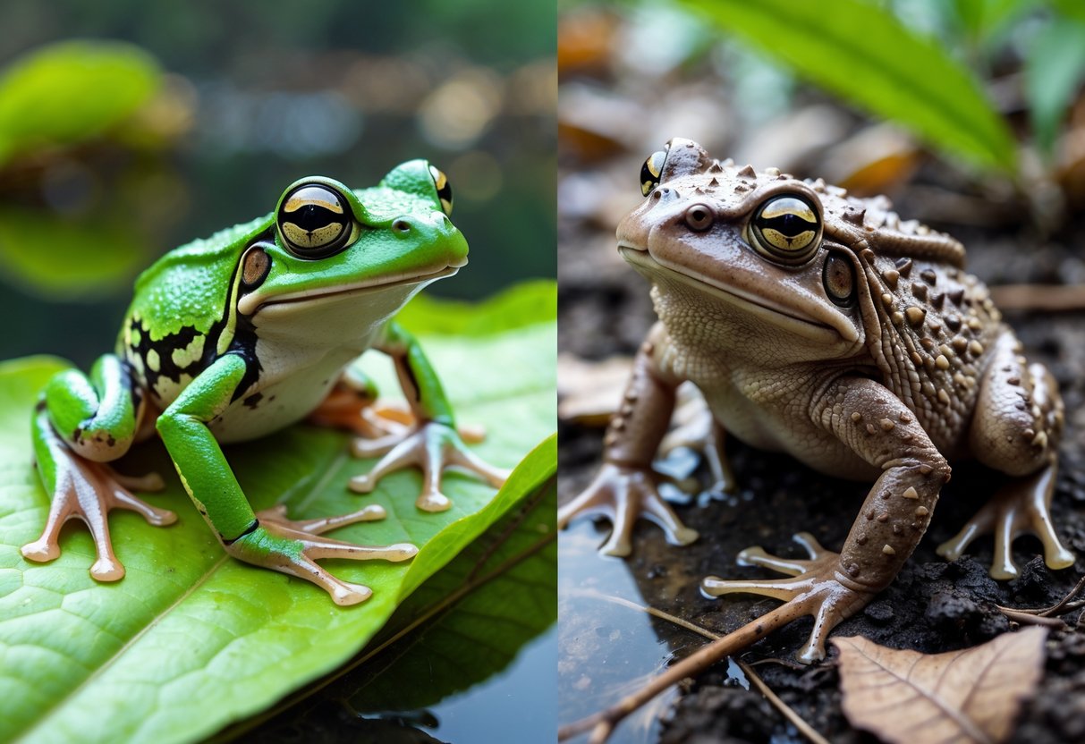 Close-up of a frog and a toad side by side in nature, showing their different skin textures and body shapes.
