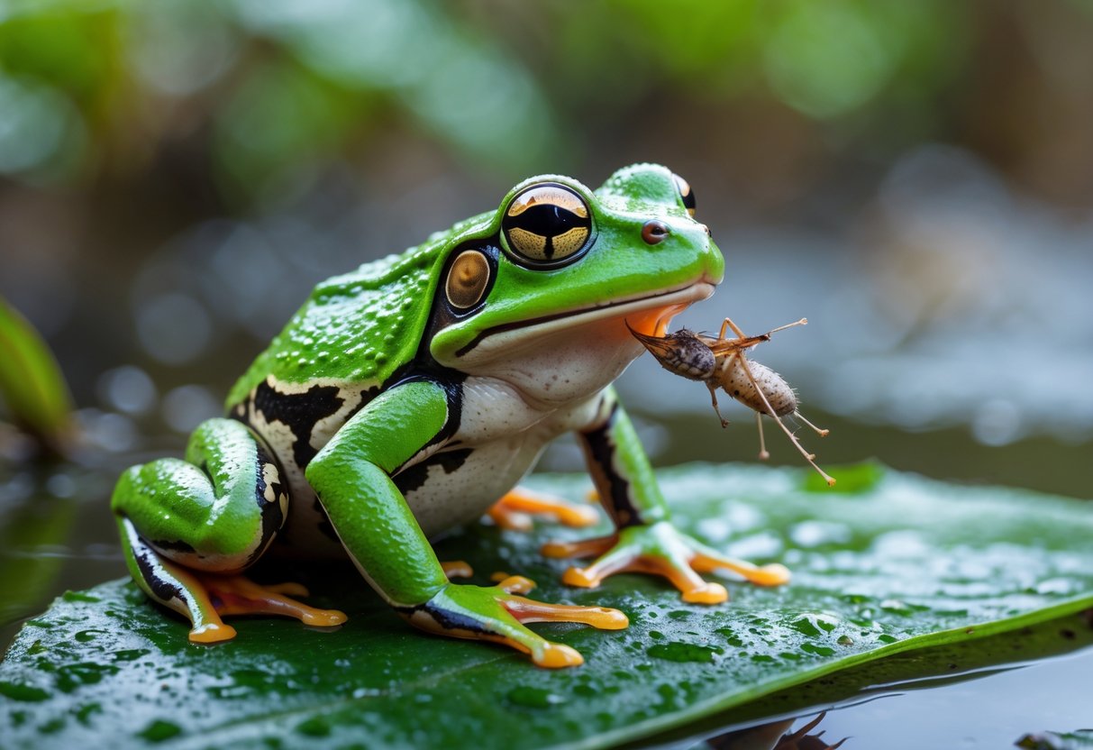 A green frog on a wet leaf catching a small insect or piece of meat with its mouth open.