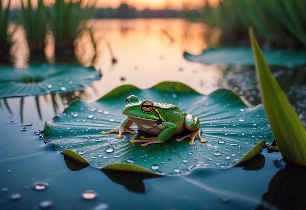 A small green frog resting on a lily pad in a calm pond at sunset.