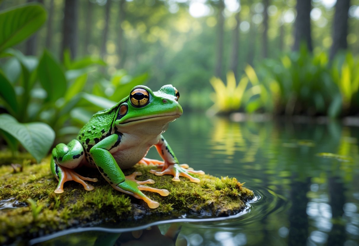 A green frog sitting on a mossy rock near a clear pond in a forest.