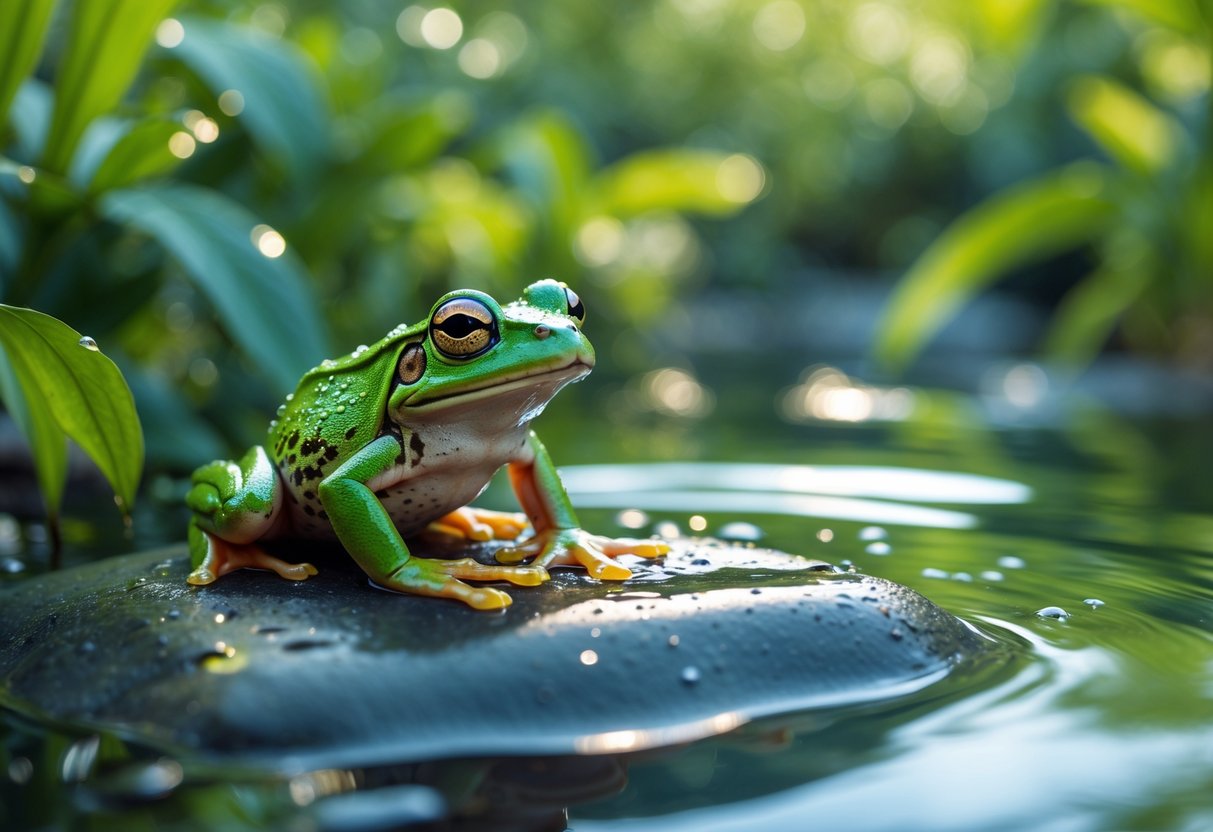 A green frog sitting on a wet rock by a clear pond surrounded by green plants.