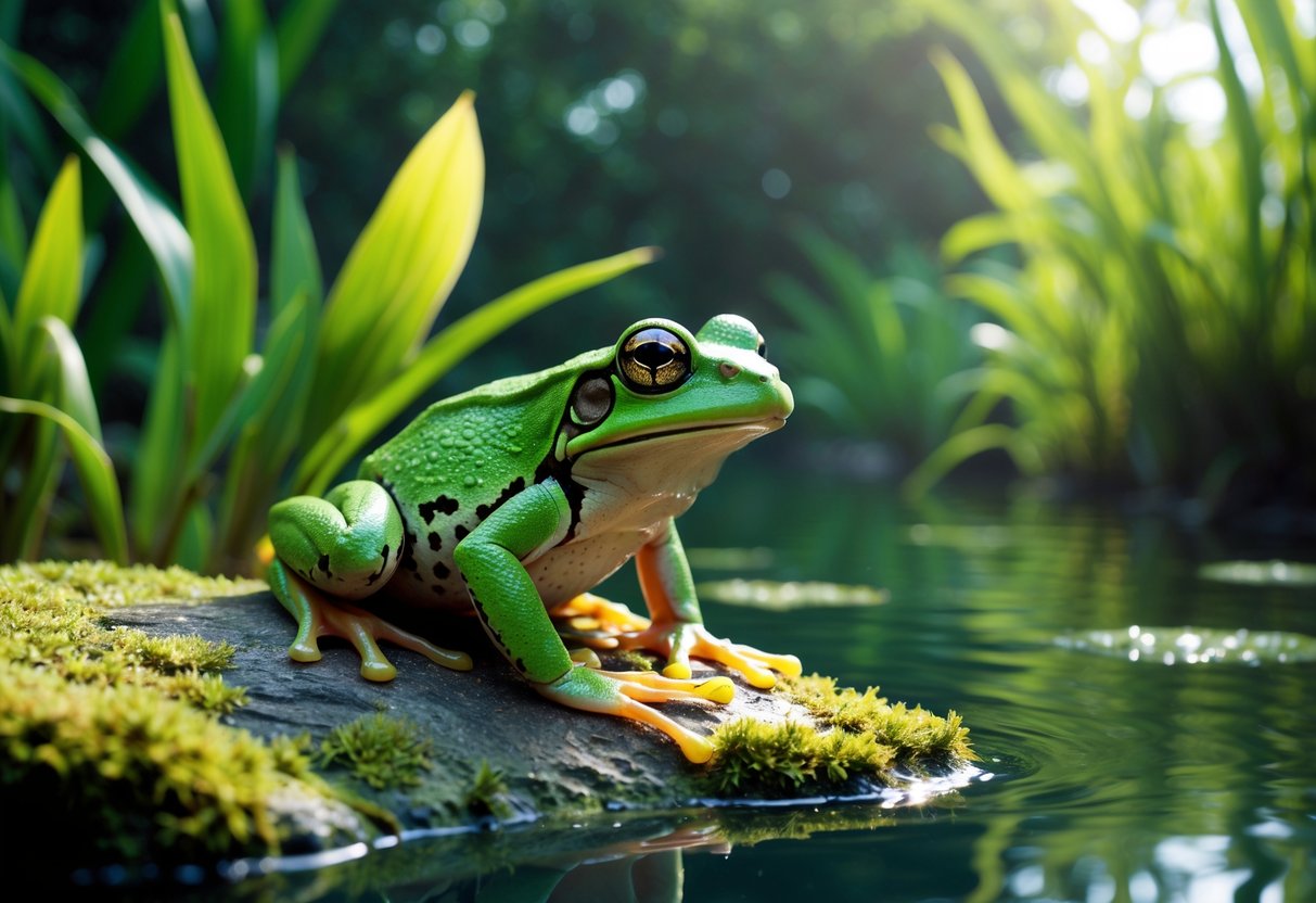 A green frog sitting on a mossy rock in a wetland surrounded by plants and clear water.