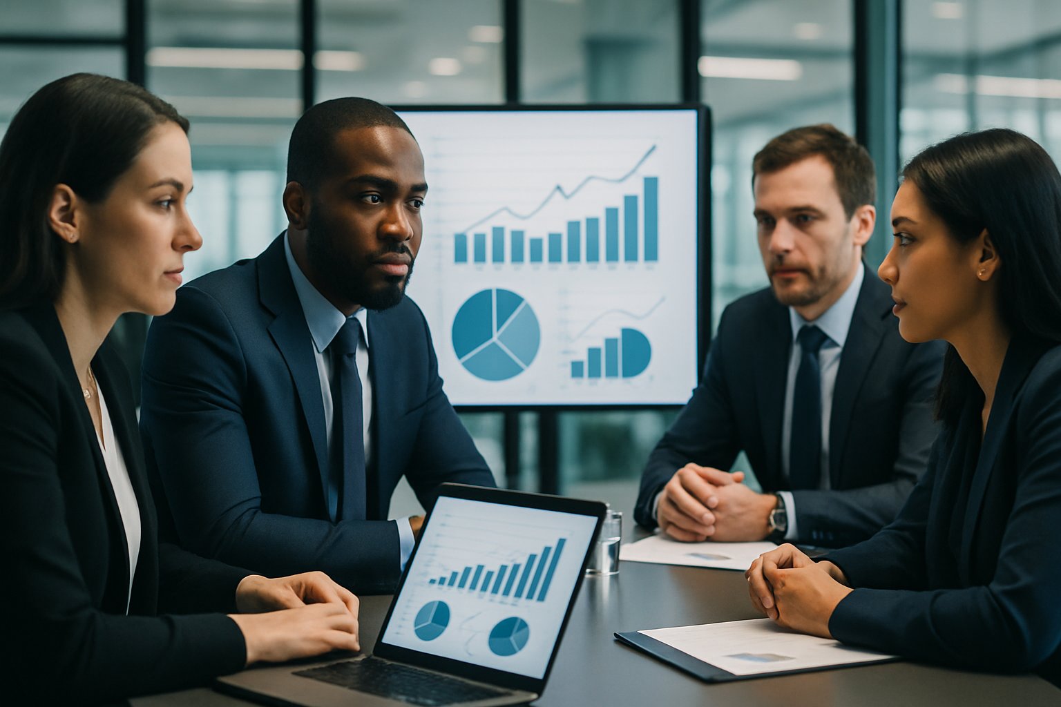 Business professionals in a modern office reviewing financial charts during a meeting.
