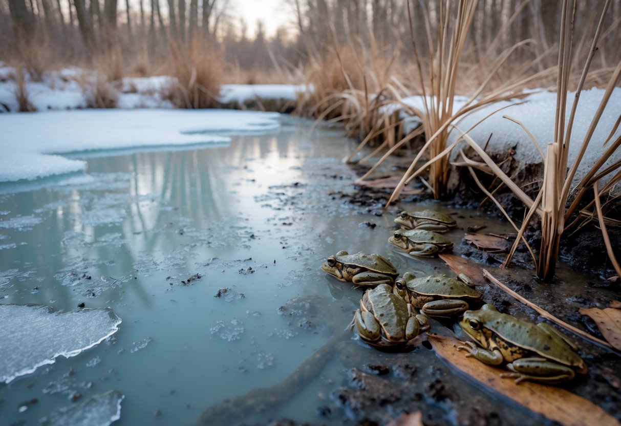 Frogs resting underwater near the edge of a partially frozen pond surrounded by snow and bare trees in winter.