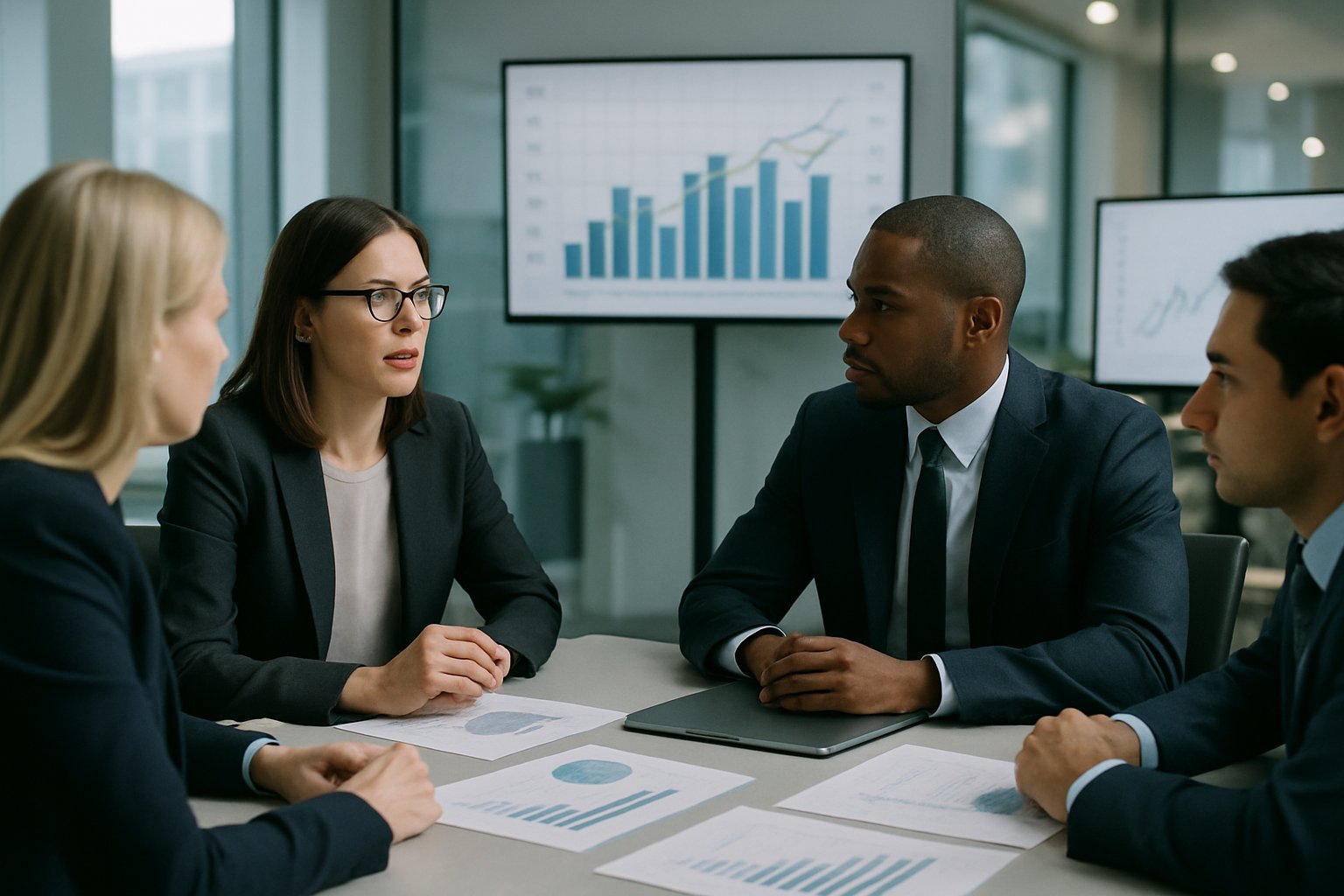 A group of business professionals having a meeting in a modern office with financial charts displayed on screens and documents on the table.