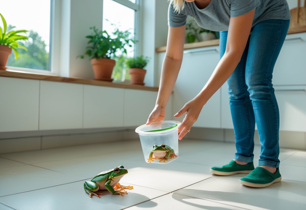 A person gently capturing a small green frog inside a bright kitchen using a transparent container.