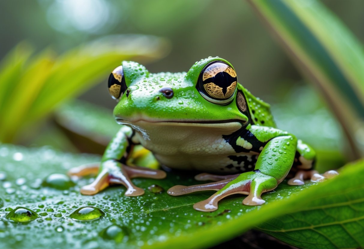A green frog sitting on a leaf with its large eyes clearly visible in a wetland setting.