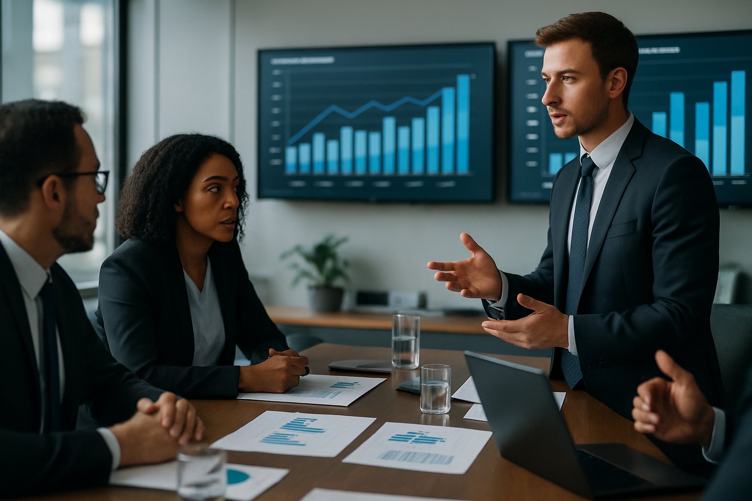 A group of business professionals having a meeting in a modern office with financial charts displayed on screens and documents.