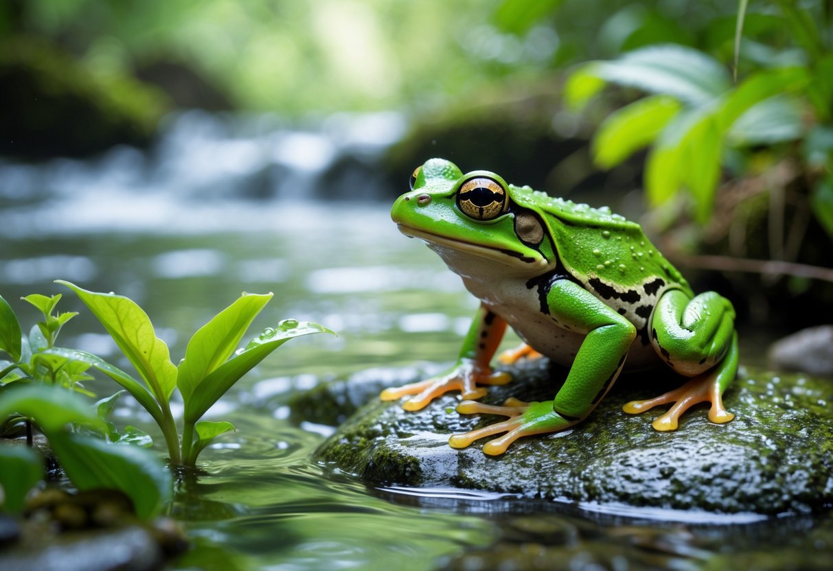 A green frog sitting on a wet rock next to a clear stream in a forest.
