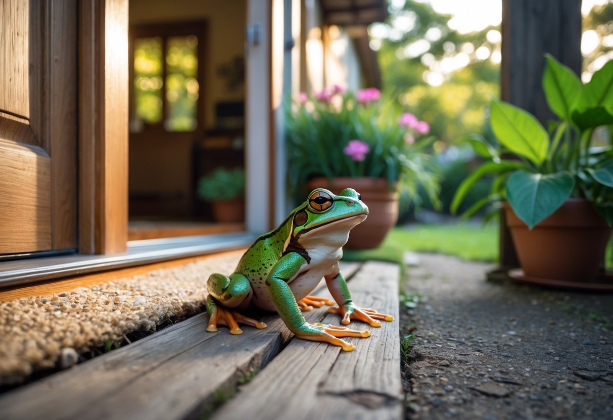 A green frog sitting on the wooden doorstep of a house, looking inside through an open door with plants and natural light visible.