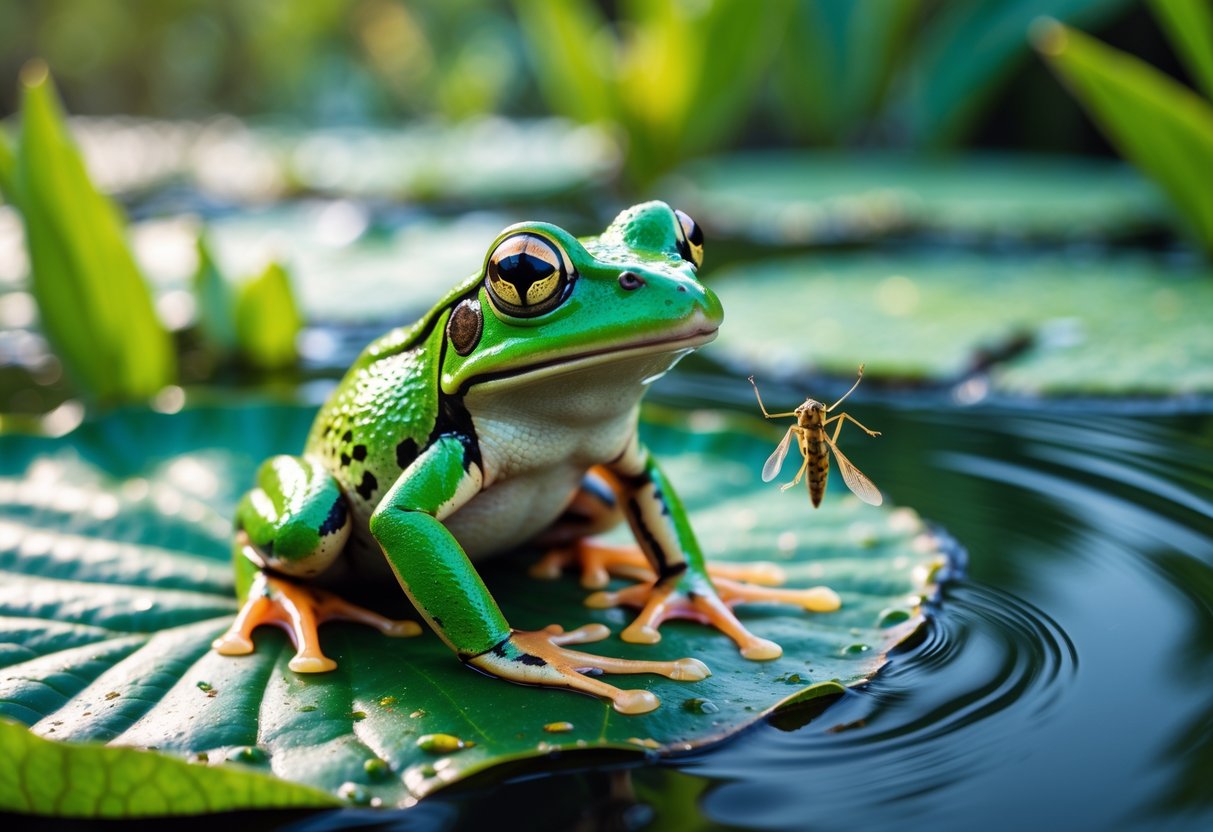 A green frog sitting on a wet leaf near a pond, looking at a small insect above the water.