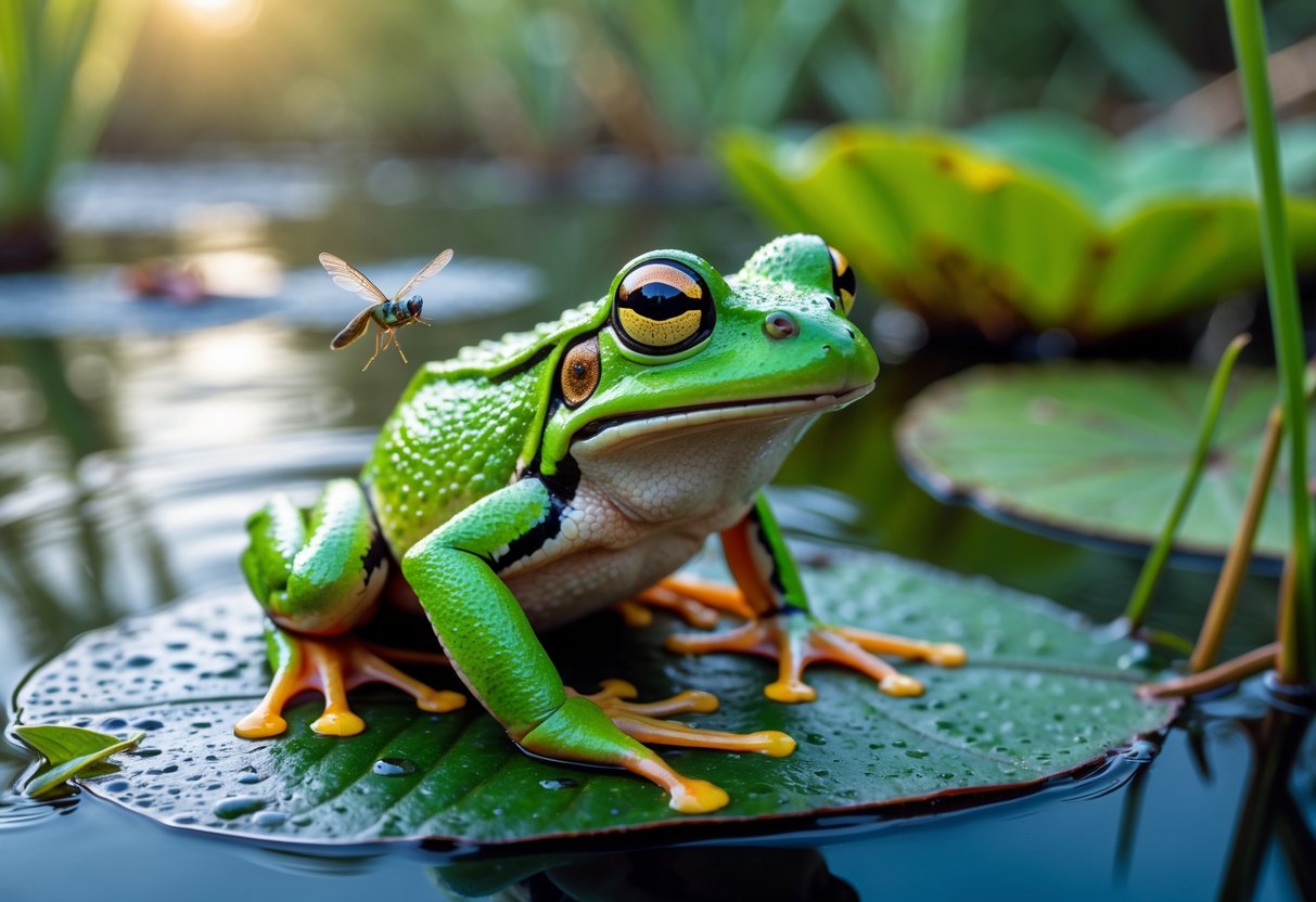 A green frog sitting on a wet leaf near a pond with an insect flying close to its mouth.