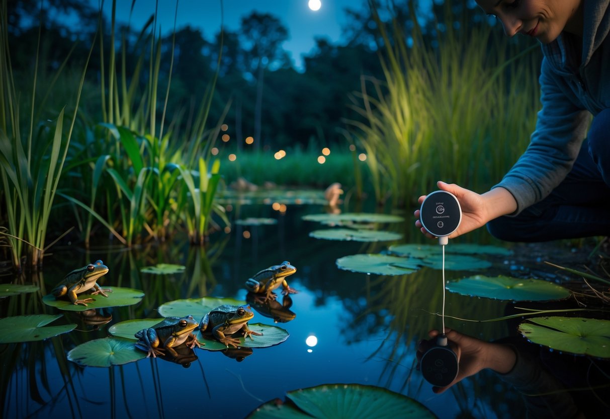A person by a pond at night holding a device near frogs sitting on lily pads with a forest background.