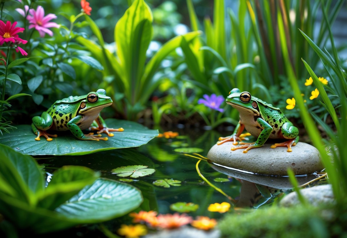 A garden with green plants, colorful flowers, a small pond, and several frogs sitting on leaves and stones.