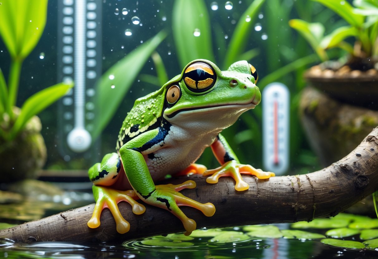 A green tree frog sitting on a leafy branch inside a terrarium with plants and water, showing a healthy frog habitat.