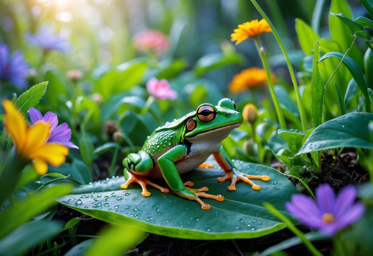 A green frog sitting on a leaf surrounded by flowers and plants in a garden.