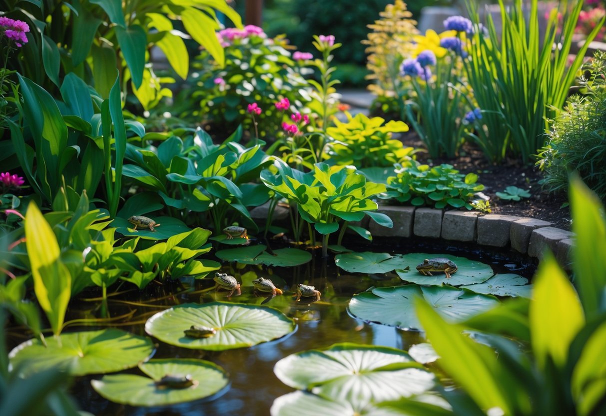A garden with green plants, colorful flowers, a small pond, and several frogs near the water.